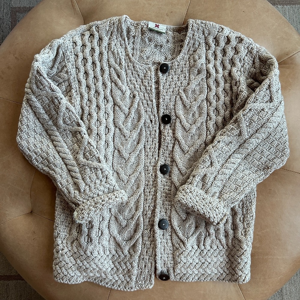 Vintage Carraig Donn Irish Aran Cardigan Sweater Women L Wool Chunky Knit Beige